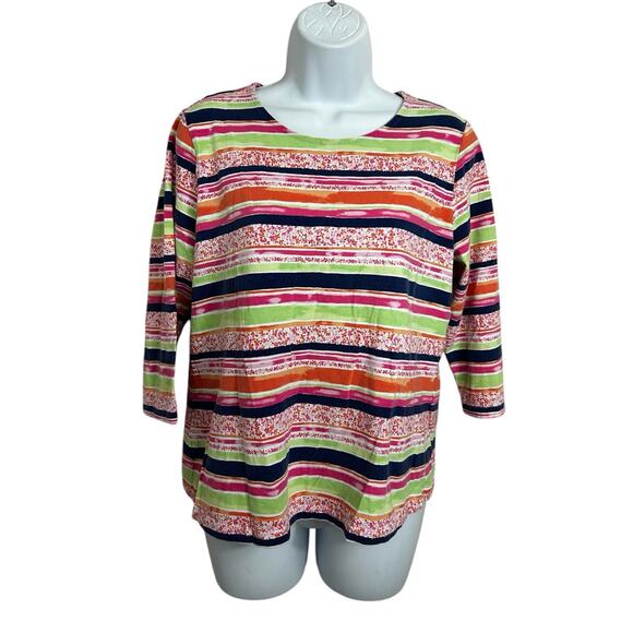 Appleseed's Floral Striped Top Sz Petites M PM 3/4 Sleeve Cotton Blend Blouse - Picture 4 of 7